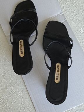 Beltrami Black Patent Leather Strappy Square-Toe Sandals Made In Italy